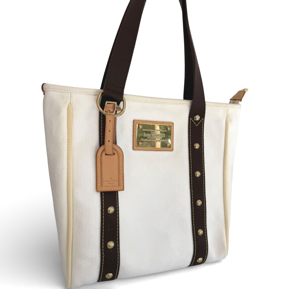 Louis Vuitton Antigua Cabas PM Sailcloth Canvas Tote Ivory Brown Leather Studded